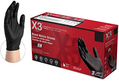 X3 Black Gloves, Disposable, Latex Free, Nitrile, for Cooking, Food Prep, 3 Mil, Powder-Free, Size Large, Box of 100