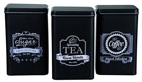 Out of the blue Juego de 3 latas rectangulares Negras de la Mejor selección para café, té, azúcar, Aleación, 9x11x19 cm, 3