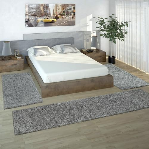Paco Home Bettumrandung Läufer Shaggy Hochflor Langflor Teppich in Grau Läuferset 3Tlg., Grösse:2mal 60x100 1mal 70x250