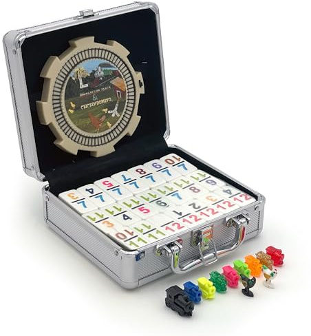 CHH Double 12 Numeral Pro Size Mexican Train & Chicken Domino Set – Aluminum Carrying Case – Complete Set with Plastic Hub, Train Markers, and Chicken Foot Markers