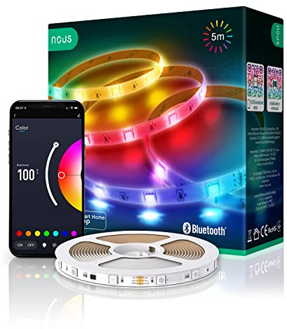 NOUS F6 RGB LED Strip 5m, Alexa LED Strip, LED strip Alexa kompatibel, Ambilight TV nachrüsten, Christmas, Bluetooth connection, Sound Effects, Timer, Smart Life/Tuya App, 12W