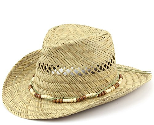 STRAW COWBOY HAT WITH WOODEN BEAD BAND & SHAPEABLE BRIM