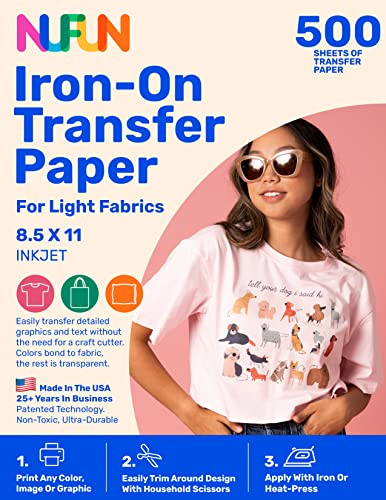 NuFun Activities Heat Transfer Paper for T Shirts, Light Fabrics, Inkjet Printable Iron-On Heat, 8.5 x 11 inch, Make Your own Custom T-Shirt (500 Sheets)