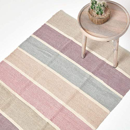 Homescapes waschbarer Chenille Teppich/Bettvorleger 60 x 100 cm, handgewebt aus 100% Baumwolle, blau, beige, lila und grau gestreift