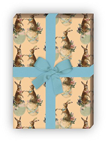 Romantisches Vintage Oster Geschenkpapier Set (4 Bogen), Dekorpapier mit Retro Hasen als edle Geschenkverpackung zur Geburt, Ostern, Geburtstag, Hochzeit, Weihnachten 32 x 48cm, beige