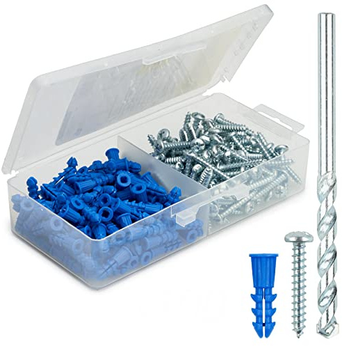 Qualihome Drywall Anchors and Screws Kit with Drill Bit – 100 Anchors & 100 Screws for Drywall, Plastic Wall Anchors for Picture Frames, Shelves, Mirrors, Ribbed Design (10-12 x 1)