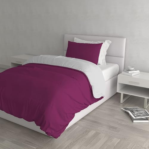 Set Copripiumino 100% Cotone Natural Color, Made in Italy - Parure Copri Piumino - Sacco Piumone 150x200 cm con Doppia Patella e Federa Cuscino, Singolo, Fucsia/Grigio Chiaro