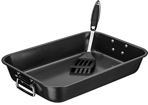 GSW Wender 410472 CARBONSTAHL Back-und Auflaufform 40x28,5x7,0cm-inkl. Pfannenwender, Stahl, schwarz, 40,5 x 28,5 x 7 cm, 2-Einheiten