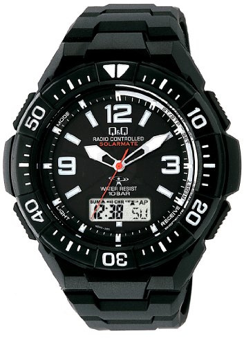 Citizen Q&Q Analog Wristwatch, Radio, Solar, Waterproof, Date, Urethane Strap, Black, メンズ向ユニセックスサイズ（手首の細い女性の方にはかなり大き目です）, Watch