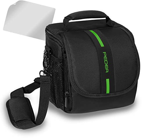 PEDEA DSLR-Kameratasche Essex mit Displayschutzfolie für Canon EOS 5D 5D Mark II 400D 2000D / Nikon D60 D80 D90 D3100 D3200 D3300 D3400 D5300 D7100 / Pentax K 30 K 50 K 500, Gr. M schwarz/grün