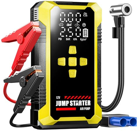 Yangers 2 i 1 Bil Startstöd Powerbank med Luftkompressor Kit, Starthjälp Bil Batteri Startare Startbooster 12V Nödströmförsörjning Bilbatteriladdare Car Jump Starter med Startkablar, LED-ljus