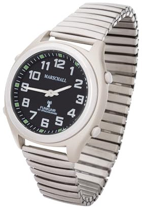 Marschall Deutsch sprechende Herren und Damen Armbanduhr I 1130V I Funkarmbanduhr I Für Blinde, Senioren und Sehbehinderte I Datum- und Zeitansage I Silbernes Zugarmband