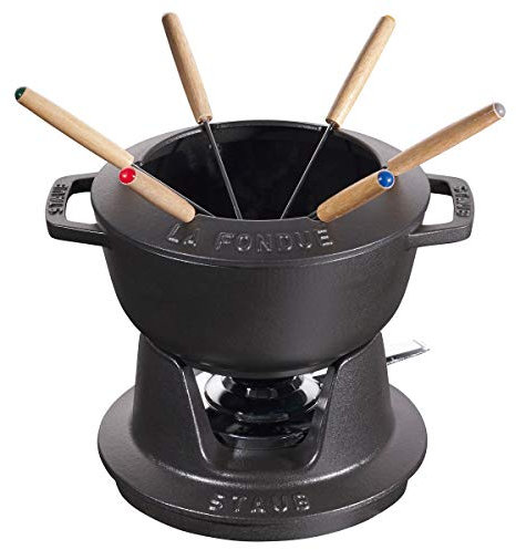 Staub Fondue Set with 6 Forks, Suitable for Cheese, Chocolate and Meat Fondue, Cast Iron, Black, 18 cm