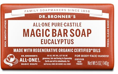 Dr. Bronner’s Saponette Bio in Puro Sapone di Castiglia, Eucalipto - 140 gr, Realizzato con Oli Biologici, per Viso, Mani, Corpo e Capelli, Delicato e Idratante, Biodegradabile, Vegano, Cruelty-Free