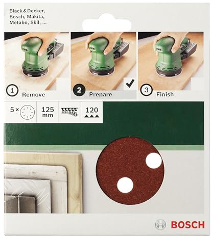 Bosch Accessories 2609256A25 Feuilles abrasives pour Ponceuses excentriques Diamètre 125 mm 8 trous Grain 120 Lot de 5 feuilles