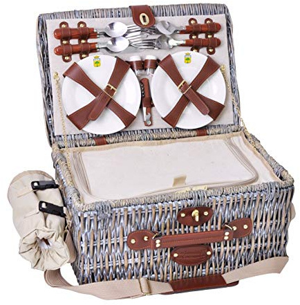 Les Jardins de la Comtesse - Panier Pique-Nique Angers 4 Personnes - Compartiment Glacière Isotherme - Complet/Assiettes en Céramique et Verres à Vin en Verre - Tissu Beige - 46 x 26 x 18 cm