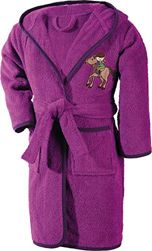 Erwin Müller Kinder-Bademantel mit Kapuze Frottier Stickerei Pferd Fuchsia Größe 146/152 - weich, hautfreundlich, mit Taschen und Bindegürtel