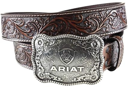 ARIAT Men's Floral Embossed Leather Belt with Antiqued Silver Buckle, Black/Tan, 36