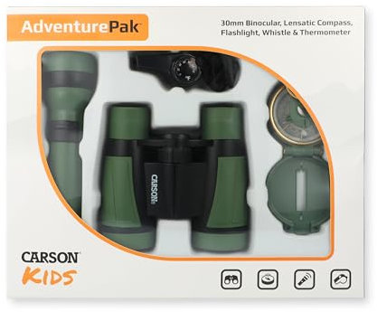 Carson AdventurePak - Outdoor und Entdeckerspielzeug für Kinder und Naturabenteuer - mit Fernglas, Kompass, Taschenlampe, Signalpfeife (HU-401), grün