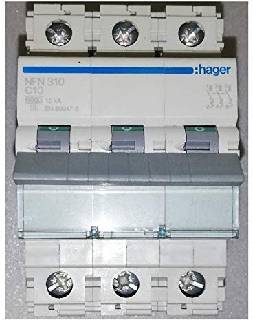 disjoncteur hager - 3 pôles - 10a - 6ka - courbe c - vis / vis