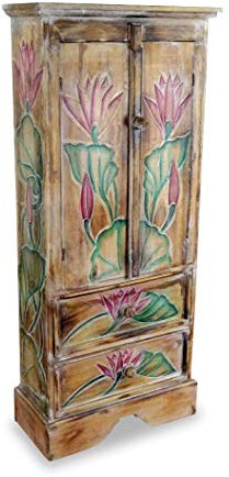 livasia Balinesischer Schrank – 45x20x100cm – Vintage Kommode mit 2 Schubladen, Wohnzimmer Kommode im Landhausstil aus Albiziaholz, Handgefertigt und Nachhaltig aus Bali (Naturfarben mit Muster)