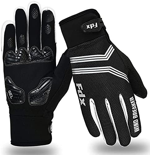 FDX Full Finger Winter Cycling Gloves - Warm Windproof, Mountain Bike Gloves Anti-Slip Padded Palm, Touchscreen, Breathable, Water Resistant MTB Racing and Running Mitts for Men Women (White, XL)