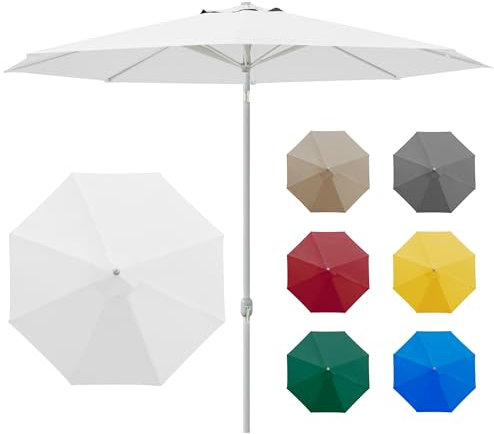 paramondo interpara Sonnenschirm aus 230 g/㎡ Polyesterfaser, Rund Ø 3,5 m, Gartenschirm Marktschirm Knickbar, für Terrasse und Balkon, mit Kurbel, Gestell Silber, Weiß, 8,5kg