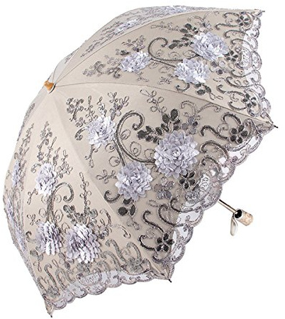 Honeystore Vintage Lace UV Sun Parasol Folding 3D Flower Embroidery Umbrella BM1618 Grey