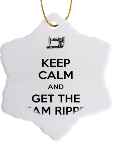3dRose Keep Calm and get The Seam Ripper, White and Black, 3 inch Snowflake Porcelain Ornament