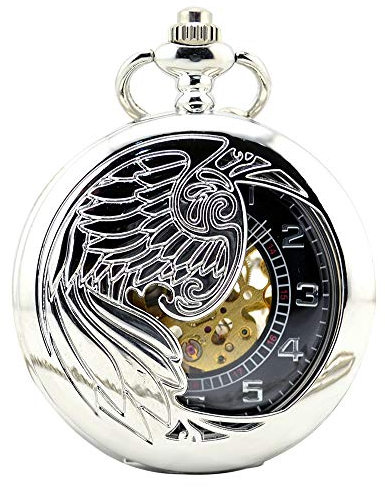 Unendlich U Fashion Retro Handaufzug Mechanische Taschenuhr Süß Adler/Phönixe Skelett Kettenuhr Anhänger Halskette Silber