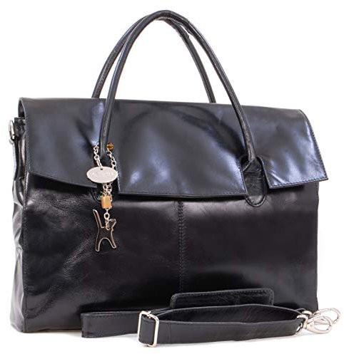 Catwalk Collection Handbags - Damen Leder Laptoptasche 17 Zoll - Arbeitstasche Extra Groß - Aktentasche mit Schultergurt - Helena - Schwarz
