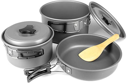 Ganzoo Stoviglie da campeggio da 12 pezzi in alluminio anodizzato leggero e antiruggine, set da cucina per esterni con 2 pentole e padelle (antracite)(180 mm x 180 mm x 100 mm)