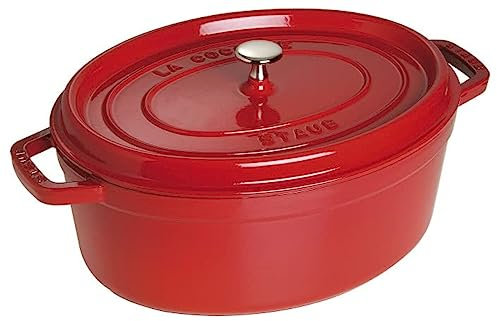 STAUB Gusseisen Bräter/Cocotte, Oval 37 cm, 8 L, Aromaregen Funktion für optimale Befeuchtung, Für alle Herdarten inkl. Induktion & Backofen, Kirschrot
