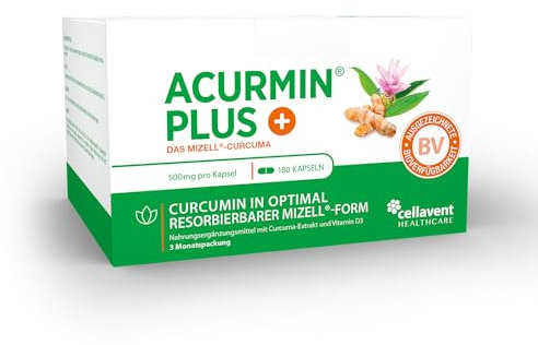 185x effektivere Kurkuma Kapseln - 10.000 mg Kurkuma Pulver/Tag - Kurkuma hochdosiert ohne Piperin - Mizell Curcuma - 95% Curcumin - mit Vitamin D3 für Knochen - Acurmin PLUS, 180 Kapseln