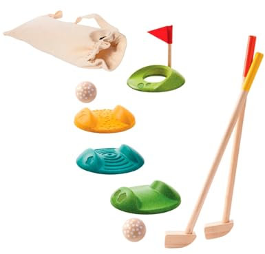 PlanToys Mini Golf Set - Komplettes Golfset für Kinder - 2 Golfschläger in Kindergröße, 2 Golfbälle, 3 Bahnen, Flagge und Loch, und Golftasche