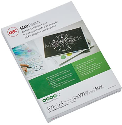 GBC Laminierfolien A4 Matt 100 mic, Beschriftbare Oberfläche, Robuste Laminiertaschen im 100er Pack, Glänzend, Transparent, Ideal für Büro & Schule, 3740491