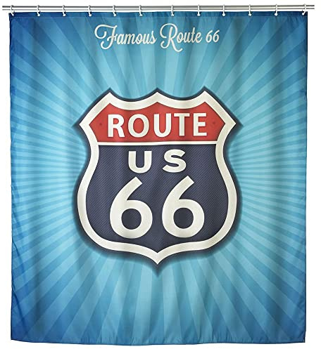 WENKO 21587100 Anti-Schimmel Duschvorhang Vintage Route 66, waschbar, Kunststoff - Polyester, Mehrfarbig