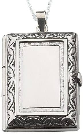 Alylosilver Collana con Ciondolo Medaglione Portafoto in Argento Sterling per Donna Rettangolare con Orlatura Incisa. Include Catena da 45 cm e Scatola Regalo