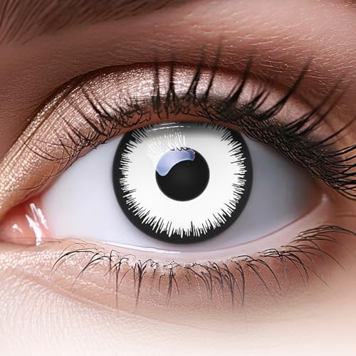 Lentilles couleur blanche noir - vampire zombi lunatic. Pour Halloween, Fantaisie, Carnaval + étuis à lentilles de contact I 1 paire (2 pièces) I sans correction I 0,00 Dioptries MERALENS