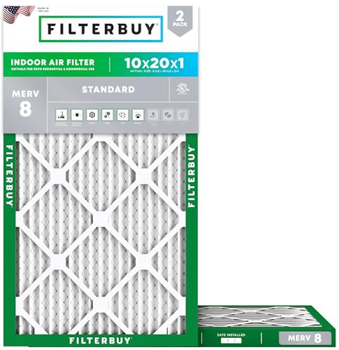 Filterbuy 10x20x1 Air Filter MERV 8 Dust Defense (2-Pack), Pleated HVAC AC Furnace Air Filters Replacement (Actual Size: 9.50 x 19.50 x 0.75 Inches)