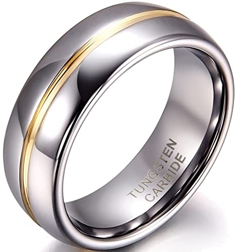 JewelryWe Ringe Herren Wolfram Rille: 8mm Breite Wolframcarbid Herren-Ring Gold Rille in der Mitte Partnerringe Verlobungsringe Hochzeit Engagement Band Ring mit Gravur Silber Größe 71