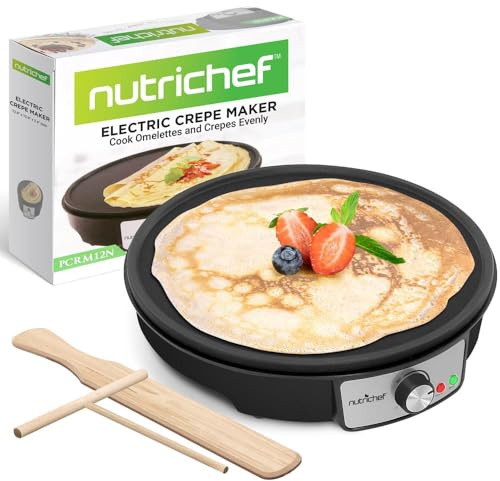 NutriChef Crepiera Elettrica, Piastra Crepes Antiaderente 30 cm Alluminio con LED, Termostato Regolabile, Piastra da Cottura per Crepes, Pancake, Omelette, Frittata e Piadine, Spatola e Dosatore