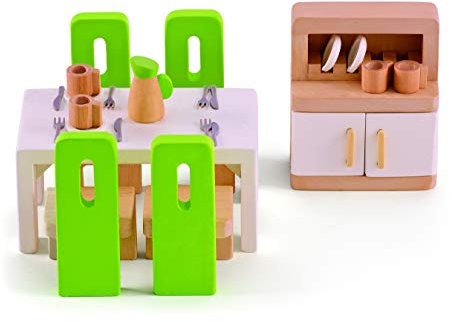 Hape E3454 Esszimmer, grüne Stühle/weißer Tisch/Schrank mit weißen Türen