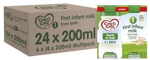 Cow & Gate 1 First Infant Baby Milk Ready to Use Liquid Formula, from Birth, 4x200ml (Pack of 6, Total 24 Bottles) (Packaging may vary)
