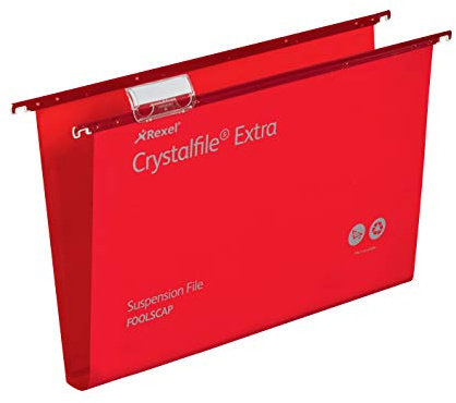 Rexel Foolscap Heavy Duty Suspension Files with Tabs and Inserts for Filing Cabinets, 30 mm base, Polypropylene, Red, Crystalfile Extra, Pack of 25, 70632
