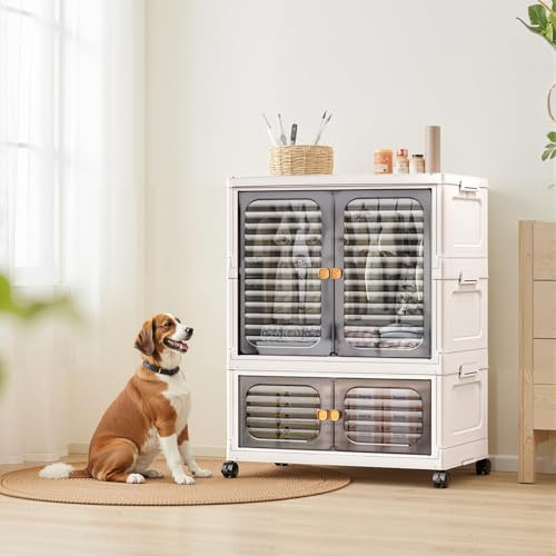 Armario organizador plegable para dormitorio – Caja de almacenamiento de plástico apilable con puertas, ruedas y barra para colgar – ropa infantil y mascotas – 60cm de ancho con ruedas universales