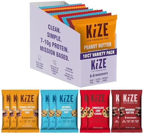 KiZE Energy Bars - Best Sellers Variety Pack - Gluten Free, Dairy Free Options, Non-GMO, and High Protein Meal Replacement Energy Bars, Clean and Simple Food Ingredients - 7-10g High Protein Snacks, (10 Count)