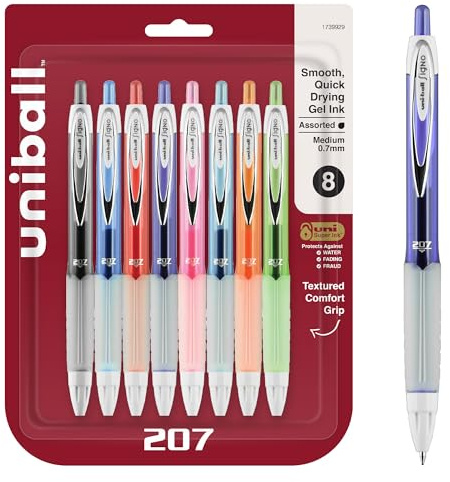 uniball 207 Fashion Retractable Gel Pens, Medium Point (0.7mm), Assorted, 8 Pack