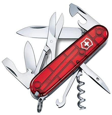 Victorinox Climber Swiss Army Pocket Knife, Medium, Multi Tool, 14 Functions, Blade, Bottle Opener, Red Transparent