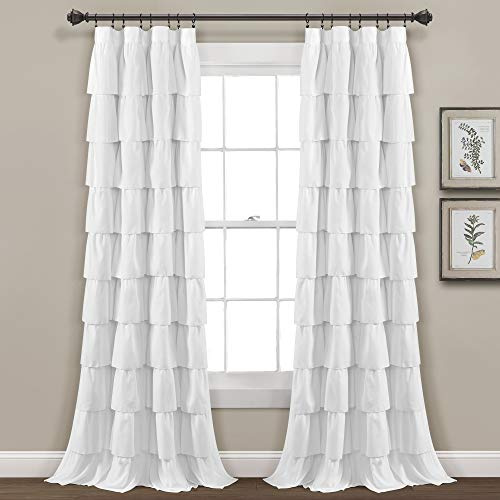 Lush Decor Ruffle Window Curtain - Vintage Chic Farmhouse Style Panel for Living, Dining Room, Bedroom (Single), 50”W x 84L, White